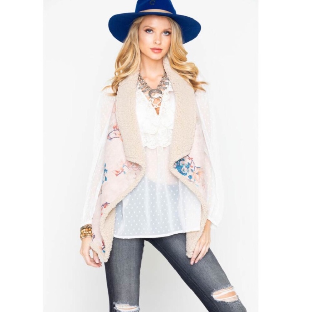 BB Dakota Boho Sherpa Floral Faux Suede Vest Size Small